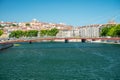 Tourist destination, views of Rhone river, streets, houses, cafes in old central part of Lyon in summer, France Royalty Free Stock Photo