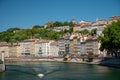 Tourist destination, views of Rhone river, streets, houses, cafes in old central part of Lyon in summer, France Royalty Free Stock Photo