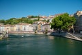 Tourist destination, views of Rhone river, streets, houses, cafes in old central part of Lyon in summer, France Royalty Free Stock Photo