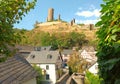 Tourist destination village Monreal with half-timbered houses and ruin of castle Loewenburg Royalty Free Stock Photo