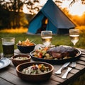 Tourist dinner while glamping