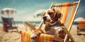 dog summer pet funny chair relax beach sunglasses lazy vacation. Generative AI.