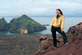 Tourist on Eldfell volcano, Iceland Royalty Free Stock Photo