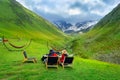 Tourist enjoy view of mountain valley landscape in Juta, Georgia