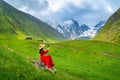 Tourist enjoy view of mountain valley landscape in Juta, Georgia