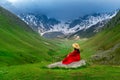 Tourist enjoy view of mountain valley landscape in Juta, Georgia