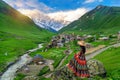 Tourist enjoy view of Ushguli village in Georgia.