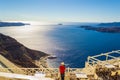 Terrace with beautiful ocean view at Santorini island cliffs Greece Royalty Free Stock Photo