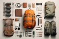 Tourist equipment, backpack layout, deconstructed. Beautiful illustration picture. Generative AI