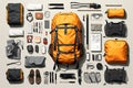 Tourist equipment, backpack layout, deconstructed. Beautiful illustration picture. Generative AI