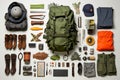 Tourist equipment, backpack layout, deconstructed. Beautiful illustration picture. Generative AI