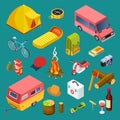 Tourist equipment, camping cars, snack and rest accessorises isometric vector collection