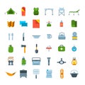 Tourist equipment for hiking icons set