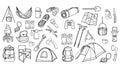 Tourist equipment. Hiking, traveling. a set of icons for camping. Vector illustration in Doodle style