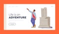 Tourist Excursion, Journey Landing Page Template. Young Man with Backpack Making Selfie on Smartphone on Ancient Ruins