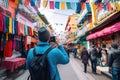 tourist exploring colorful street market, with camera in hand