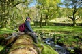 Tourist exploring woodland near Buttermere lake, located in the Lake District, UK, offering footpath running round the lake and