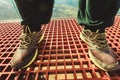 Tourist feet on Dalsnibba platform floor, Norway