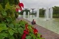 Tourist female sitting on the wooden walkway by the river in Gardens by the Bay with Supertrees in the background, Singapore Royalty Free Stock Photo