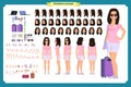 Tourist female, vacation traveller character creation set. Full length, views, emotions, gestures