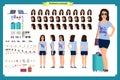 Tourist female, vacation traveller character creation set. Full length, views, emotions, gestures