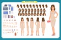 Tourist female, vacation traveller character creation set. Full length, views, emotions