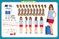 Tourist female, vacation traveller character creation set. Full length, views, emotions, gestures