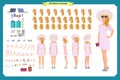 Tourist female, vacation traveller character creation set. Full length, views, emotions, gestures
