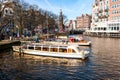 Tourist ferry in an Amsterdam canal editorial stock picture