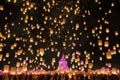 Tourist floating sky lanterns in Chiang Mai, Thailand. Royalty Free Stock Photo