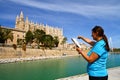 tourist in front of Majorca Palma Cathedral at Balearic Islan