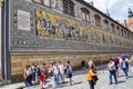 Tourist in front of Procession of Princes in Dresden