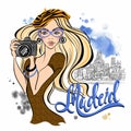 Tourist girl in Spain. Madrid. Photographs the sights. Vector. Travel