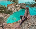 Tourist girl visiting Montenegro. Traveller sightseeing Old Venetian Castello Fortress is attraction symbol of the Montenegrin to Royalty Free Stock Photo