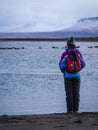 Tourist girl watching harbor seals in Iceland Royalty Free Stock Photo