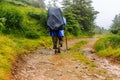 Tourist goes along mountain trail in mist weather, Carpathians, Ukraine.