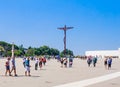 Tourist groups and pilgrims on territory of Sanctuary of Our Lady of Fatima. Portugal