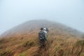 Tourist groups trekking in meadow on hill in foggy