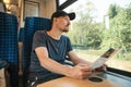 A tourist or a guy or a student travels by train. Royalty Free Stock Photo