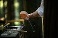 Tourist hand holding a water ladle from Chozucha and washing hands, according to Japanese tradition, a close-up of a plastic