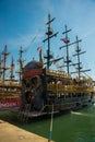 In the Tourist Harbour of Alanya, excursion boat pirate style. Alanya, Antalya district, Turkey, Asia