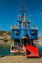 In the Tourist Harbour of Alanya, excursion boat pirate style. Alanya, Antalya district, Turkey, Asia