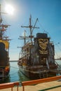 In the Tourist Harbour of Alanya, excursion boat pirate style. Alanya, Antalya district, Turkey, Asia