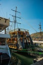 In the Tourist Harbour of Alanya, excursion boat pirate style. Alanya, Antalya district, Turkey, Asia