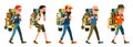 Tourist hiker with backpack - cartoon set