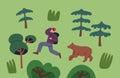 Tourist hiker running away from bear. Wild animal chasing person in forest, nature. Backpacker getaway from danger