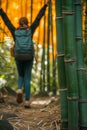 Tourist hiker walking in a natural bamboo forest. International Environment Day