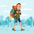 Tourist hiker wlking with backpack