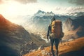 Tourist with Hiking Travel Backpack stopped on hill and looks at snowy mountains in advance