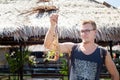 Tourist holding big lobster thailand